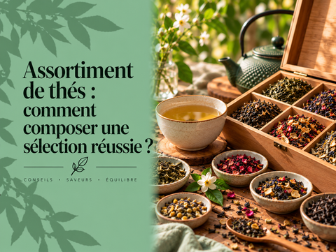 Assortiment de plusieurs thés en vrac aux couleurs et saveurs variées avec tasse et coffret de dégustation