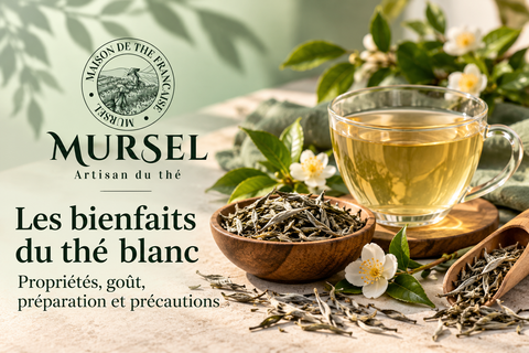 Thé blanc en feuilles et tasse d’infusion – bienfaits et propriétés du thé blanc | MURSEL