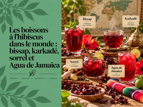 Boissons rouges à l’hibiscus représentant le bissap, le karkadé, le sorrel jamaïcain et l’Agua de Jamaica