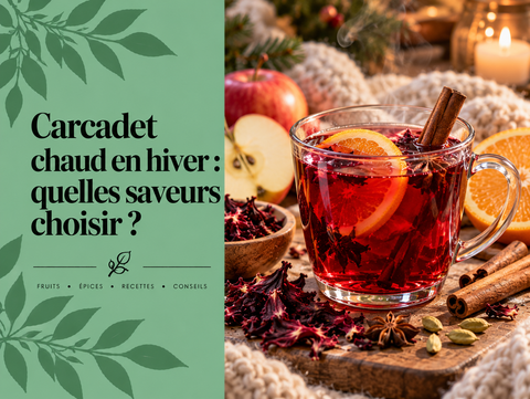 Tasse de carcadet chaud rouge à l’hibiscus avec pomme, orange, cannelle et épices d’hiver.