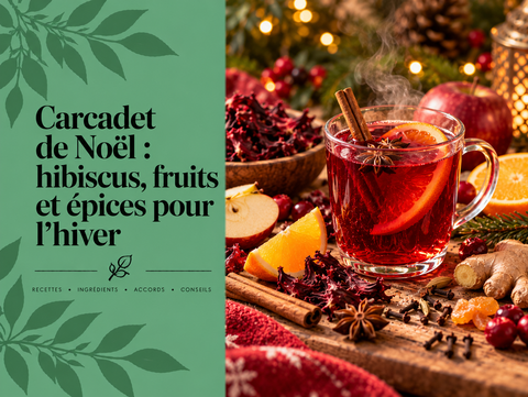 Tasse de carcadet de Noël rouge à l’hibiscus avec orange, pomme, cannelle, badiane et épices d’hiver