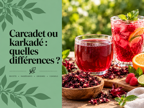 Carcadet fruité et karkadé traditionnel à l’hibiscus présentés côte à côte pour illustrer leurs différences.