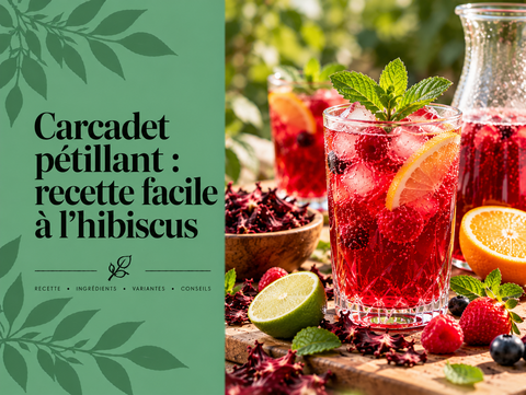 Verre de carcadet pétillant rouge à l’hibiscus avec glaçons, eau gazeuse, fruits rouges, citron et menthe