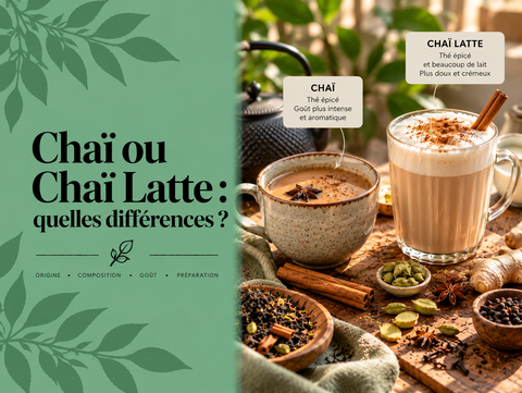 Tasse de Chaï épicé et verre de Chaï Latte crémeux avec cannelle et cardamome illustrant leurs principales différences