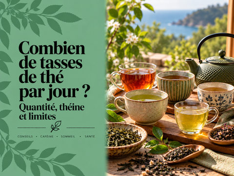 Plusieurs tasses de thé illustrant la quantité quotidienne recommandée, la caféine et les limites de consommation