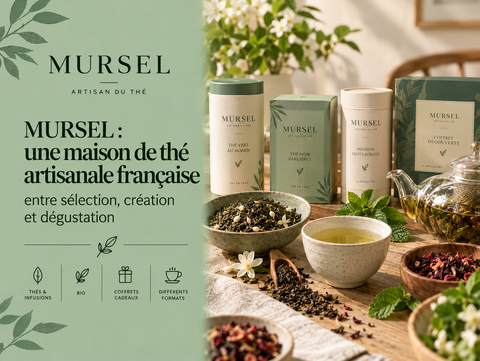 Sélection de thés MURSEL en vrac avec tasse, feuilles de thé et différents univers de dégustation et coffrets.