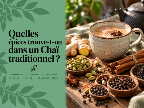 Épices traditionnelles du Chaï avec cardamome, cannelle, gingembre, clous de girofle, poivre et tasse de Masala Chaï