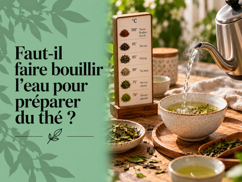 Bouilloire versant de l’eau chaude avec thermomètre et tasse de thé illustrant la bonne température d’infusion