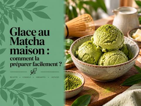 Boules de glace au Matcha maison avec poudre de Matcha et chasen illustrant une recette facile de glace au thé vert japonais