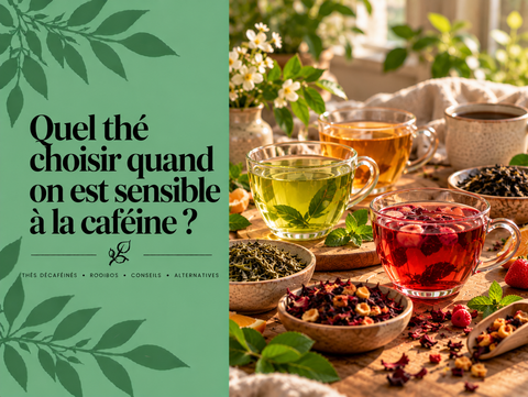 Sélection de thé décaféiné, thé vert, thé blanc et Rooibos illustrant les meilleurs choix pour les personnes sensibles à la caféine.