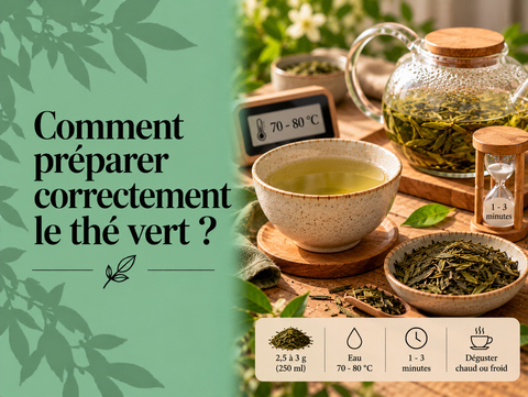 Préparation du thé vert avec feuilles, tasse, thermomètre et minuteur illustrant la bonne température et le temps d’infusion