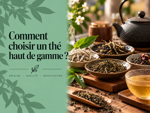 Sélection de thés haut de gamme avec belles feuilles, tasse de dégustation et accessoires illustrant les critères de qualité