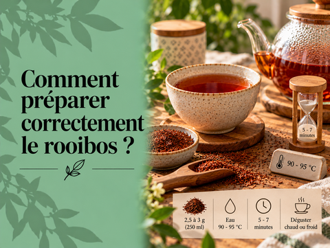 Préparation du rooibos avec tasse, feuilles, thermomètre et minuteur illustrant le dosage et le temps d’infusion