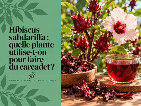 Hibiscus sabdariffa avec fleurs rouges et calices séchés utilisés pour préparer le carcadet