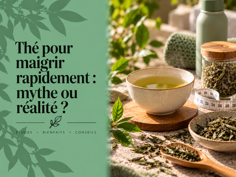 Tasse de thé vert et feuilles de thé illustrant les réalités et les limites du thé pour maigrir rapidement