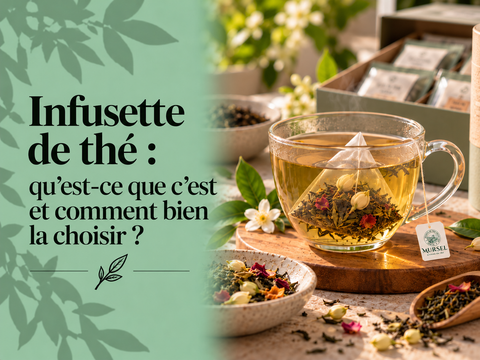 Infusette pyramidale de thé avec feuilles, fleurs et tasse en cours d’infusion