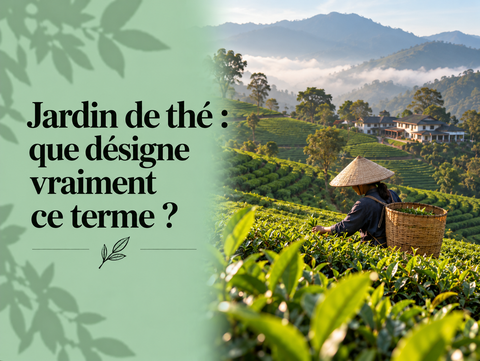 Jardin de thé en altitude avec rangées de théiers et domaine de production au cœur d’un terroir