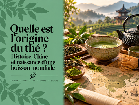 Thé chinois traditionnel avec feuilles, théière et carte d’Asie illustrant l’origine et l’histoire du thé