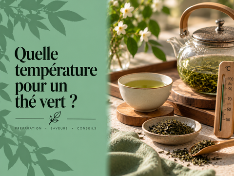 Thé vert préparé avec thermomètre et bouilloire illustrant les températures adaptées au Sencha, Gyokuro et autres thés verts