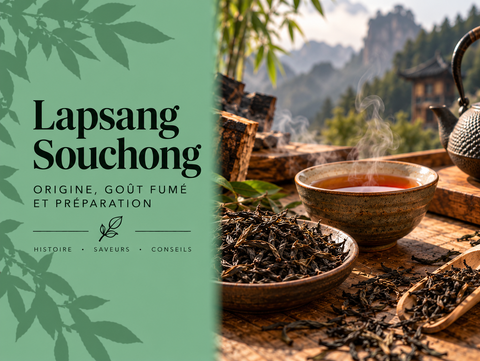 Lapsang Souchong fumé avec tasse de thé noir, feuilles de thé et ambiance boisée évoquant l’origine et le goût fumé de ce thé chinois