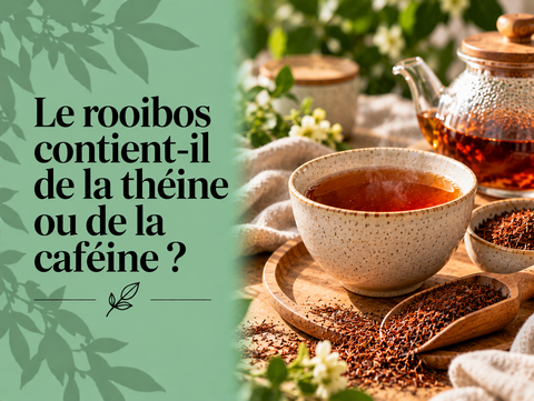 Tasse de rooibos et feuilles de rooibos illustrant l’absence naturelle de théine et de caféine