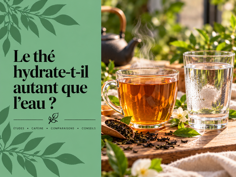 Tasse de thé et verre d’eau côte à côte illustrant la comparaison entre thé, caféine et hydratation.