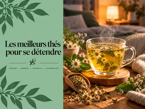 Tasses de thé vert, Rooibos et tisane aux plantes illustrant les meilleurs thés et infusions à choisir pour un moment de détente.