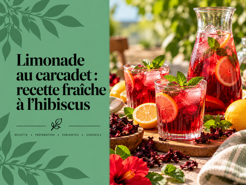 Limonade au carcadet rouge à l’hibiscus avec citron, glaçons, menthe et eau pétillante servie dans une carafe élégante