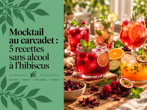 Mocktails rouges au carcadet et à l’hibiscus avec agrumes, framboises, menthe et eau pétillante.