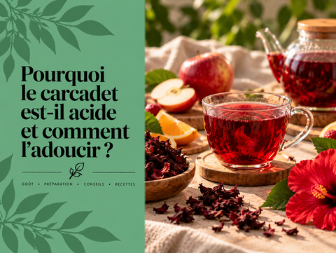 Tasse de carcadet rouge à l’hibiscus avec pomme et fruits illustrant son acidité naturelle et les façons de l’adoucir