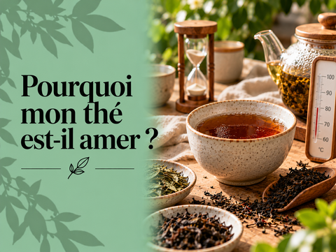 Tasse de thé amer avec feuilles, thermomètre et minuteur illustrant les causes d’une infusion trop intense