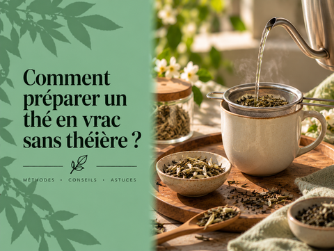 Préparation de thé en vrac dans une tasse avec filtre, feuilles de thé et eau chaude sans utiliser de théière