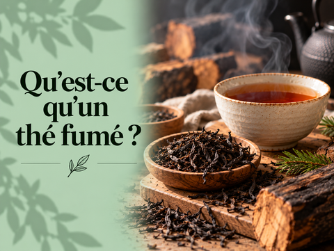 Thé fumé Lapsang Souchong avec tasse de thé noir et feuilles de thé fumé