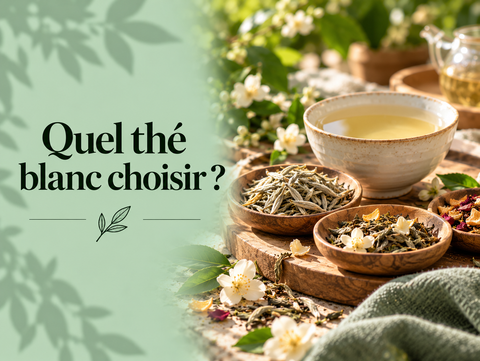 Sélection de thés blancs en feuilles avec tasse de thé blanc pour choisir selon ses goûts