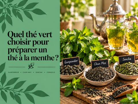 Gunpowder, Chun Mee et Sencha avec menthe verte fraîche illustrant les meilleurs thés verts pour préparer un thé à la menthe.