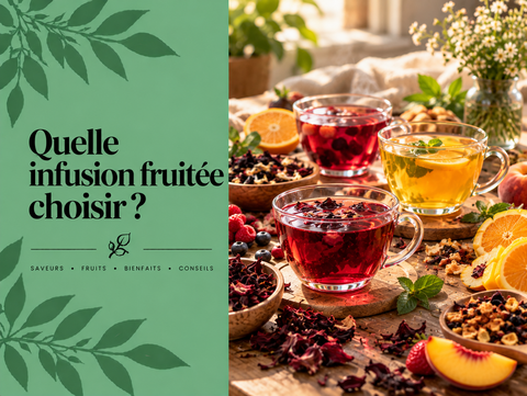 Plusieurs tasses d’infusions fruitées avec hibiscus, fruits rouges, agrumes, mangue et pêche illustrant différents profils de saveurs.