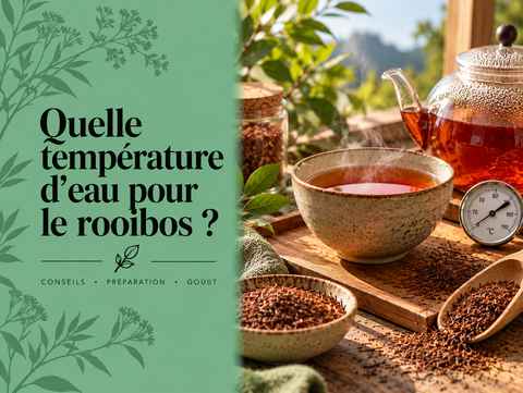 Rooibos préparé avec eau chaude, tasse, feuilles et thermomètre illustrant la température idéale de 90 à 95 °C