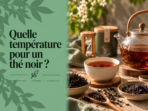 Thé noir préparé avec théière, tasse et thermomètre illustrant la température idéale selon Assam, Darjeeling et Earl Grey