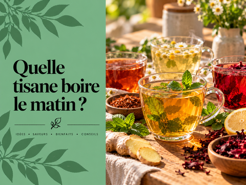 Tasse de tisane du matin avec menthe, gingembre, citron, Rooibos et hibiscus illustrant les meilleures infusions pour commencer la journée.