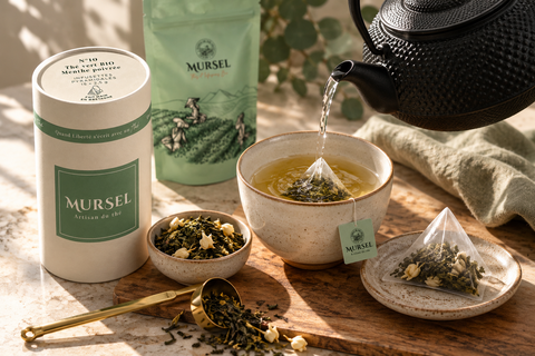Comment préparer un thé parfaitement avec thé MURSEL, infusette, thé en vrac, tasse et théière