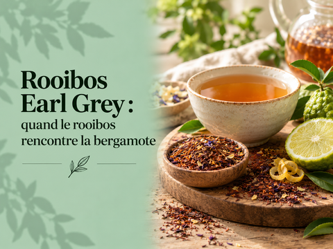 Rooibos Earl Grey à la bergamote avec tasse de rooibos, feuilles et agrumes