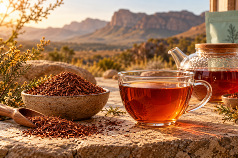 Rooibos rouge en vrac et tasse d’infusion avec paysage du Cederberg en Afrique du Sud