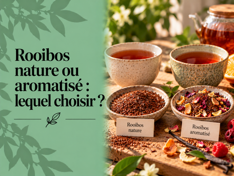 Rooibos nature et rooibos aromatisé présentés côte à côte avec feuilles, fruits et épices pour comparer leurs différences