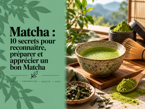 Matcha japonais en poudre avec bol, chasen et thé vert illustrant les secrets pour reconnaître et préparer un Matcha de qualité