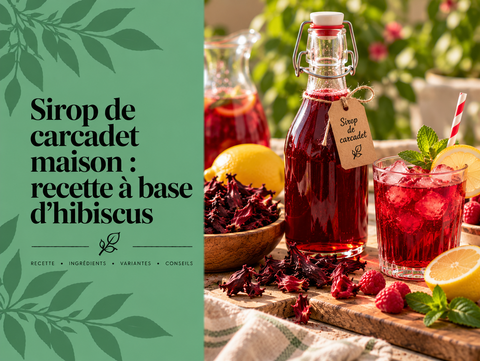 Bouteille de sirop de carcadet rouge maison avec hibiscus séché, verre de boisson fraîche et fruits rouges