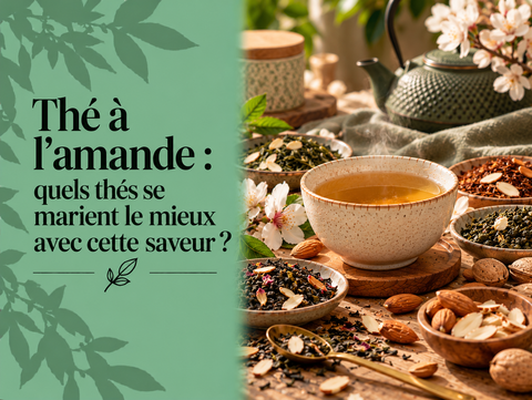 Tasse de thé à l’amande avec feuilles de thé, amandes entières et ingrédients gourmands illustrant les meilleures associations aromatiques