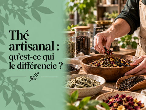Artisan du thé travaillant des feuilles et mélanges en vrac pour illustrer la fabrication et la sélection d’un thé artisanal