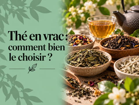 Sélection de thés en vrac avec feuilles de thé vert, noir et blanc pour apprendre à choisir un thé de qualité