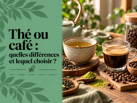Tasse de thé et tasse de café côte à côte illustrant leurs différences de goût, de caféine et de préparation