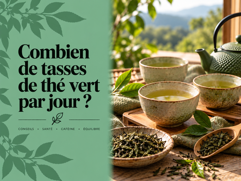 Plusieurs tasses de thé vert et feuilles de thé illustrant combien de tasses de thé vert boire par jour